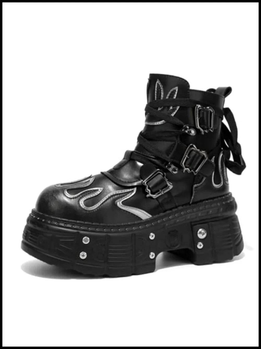 Men's Black Leather Platform Motorcycle Ankle Boots Flame Pattern Side Zipper